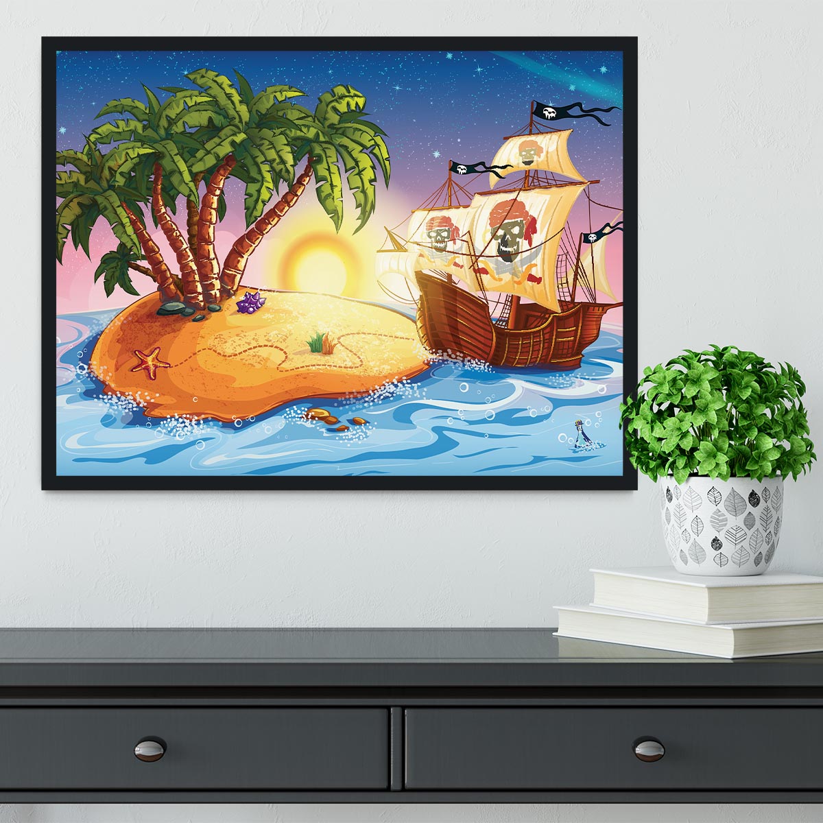 island with a pirate ship Framed Print - Canvas Art Rocks - 2