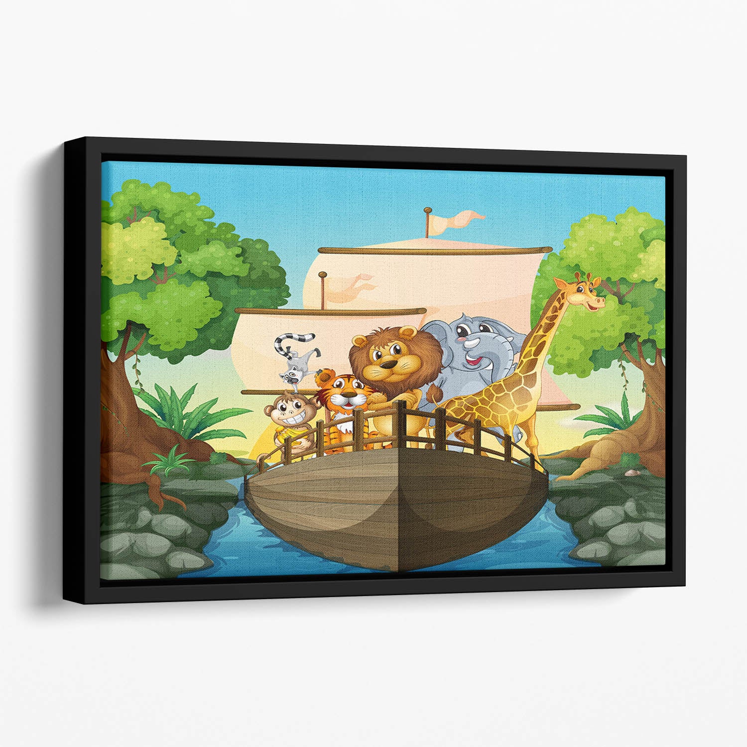 many animals on a boat Floating Framed Canvas