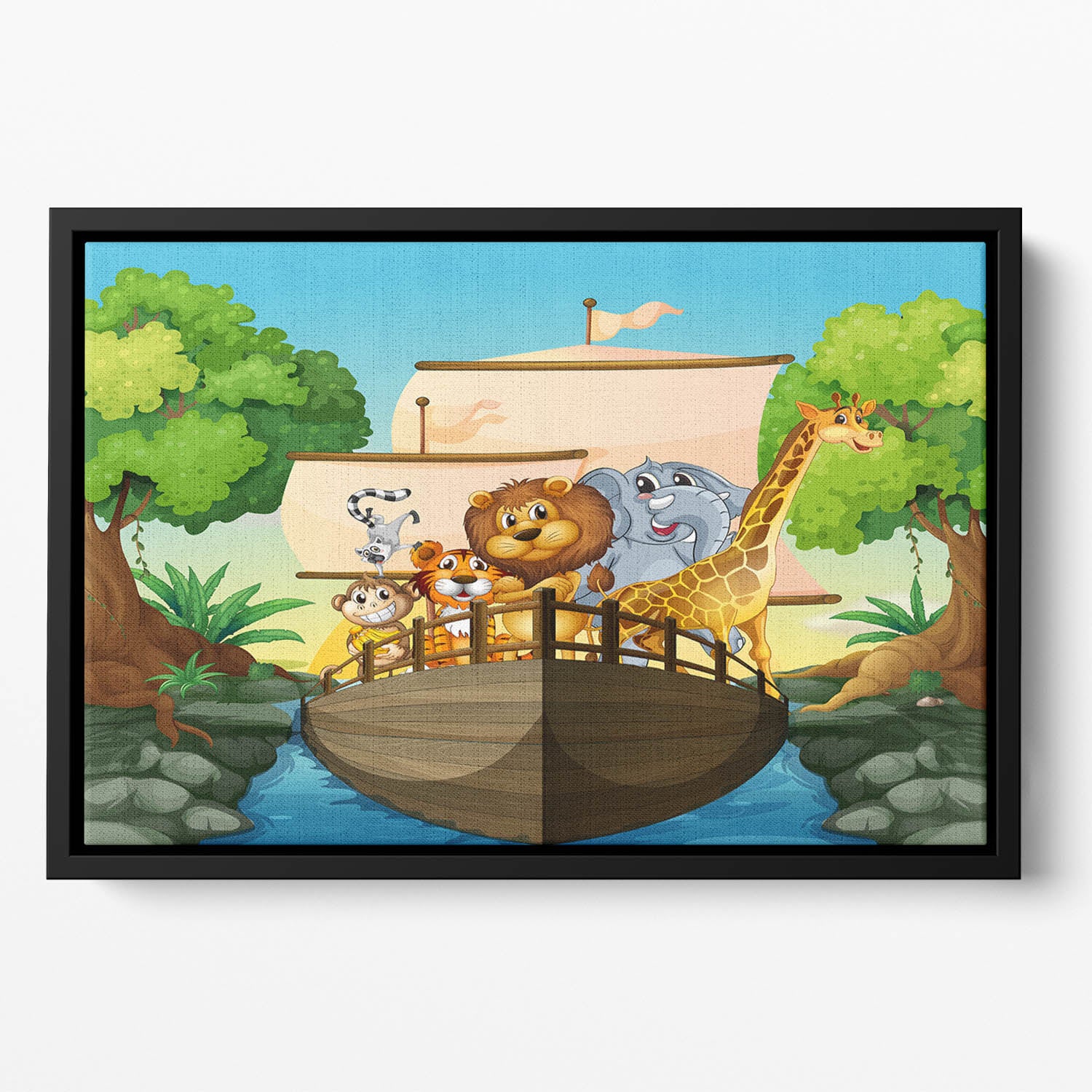 many animals on a boat Floating Framed Canvas