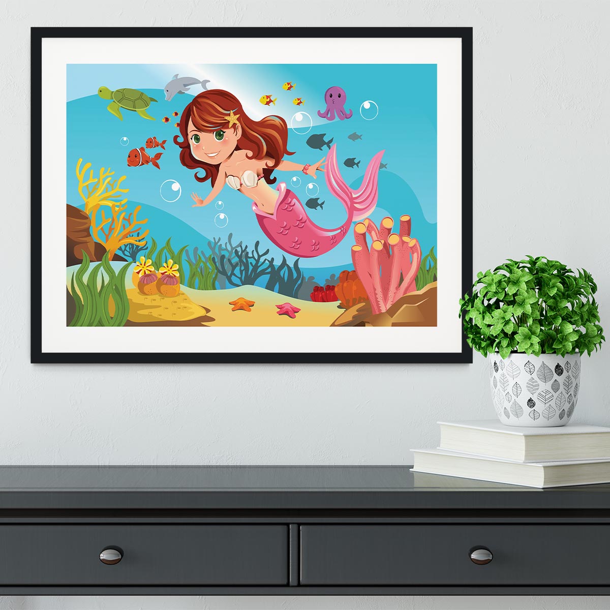 mermaid swimming underwater in the ocean Framed Print - Canvas Art Rocks - 1
