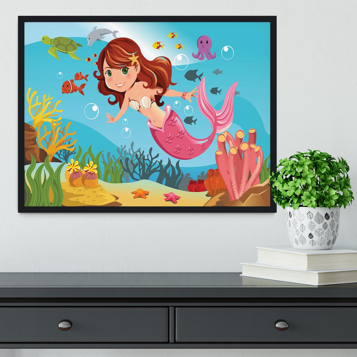 mermaid swimming underwater in the ocean Framed Print - Canvas Art Rocks - 2