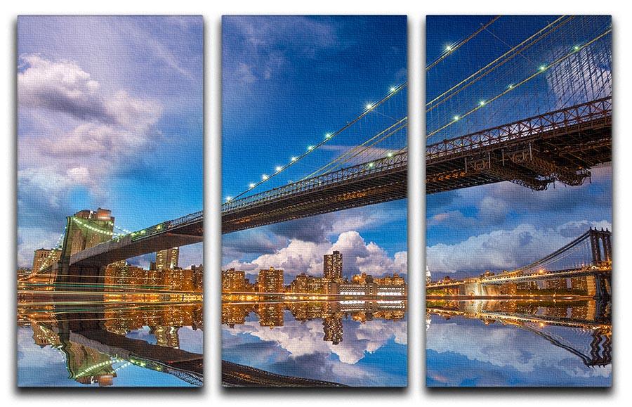 panoramic sunset with Brooklyn and Manhattan Bridge 3 Split Panel Canvas Print - Canvas Art Rocks - 1