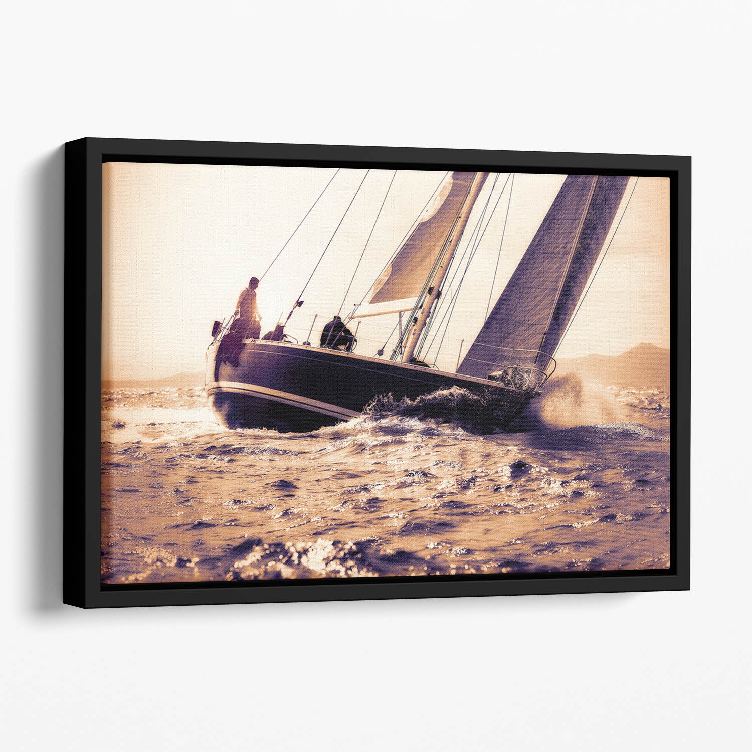sail boat sailing on sunset Floating Framed Canvas