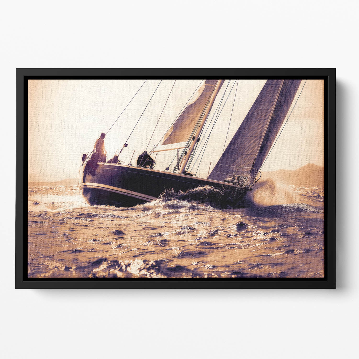sail boat sailing on sunset Floating Framed Canvas