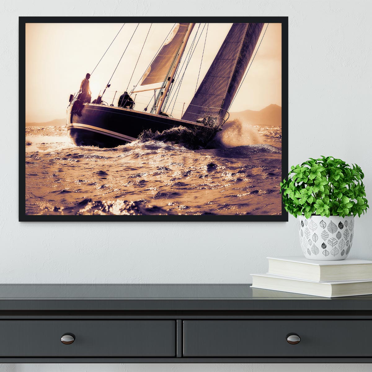 sail boat sailing on sunset Framed Print - Canvas Art Rocks - 2