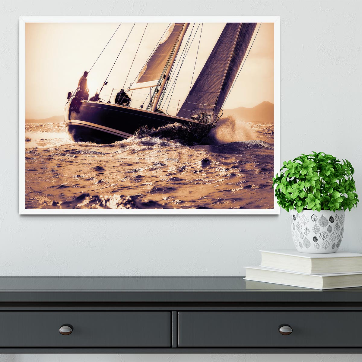 sail boat sailing on sunset Framed Print - Canvas Art Rocks -6