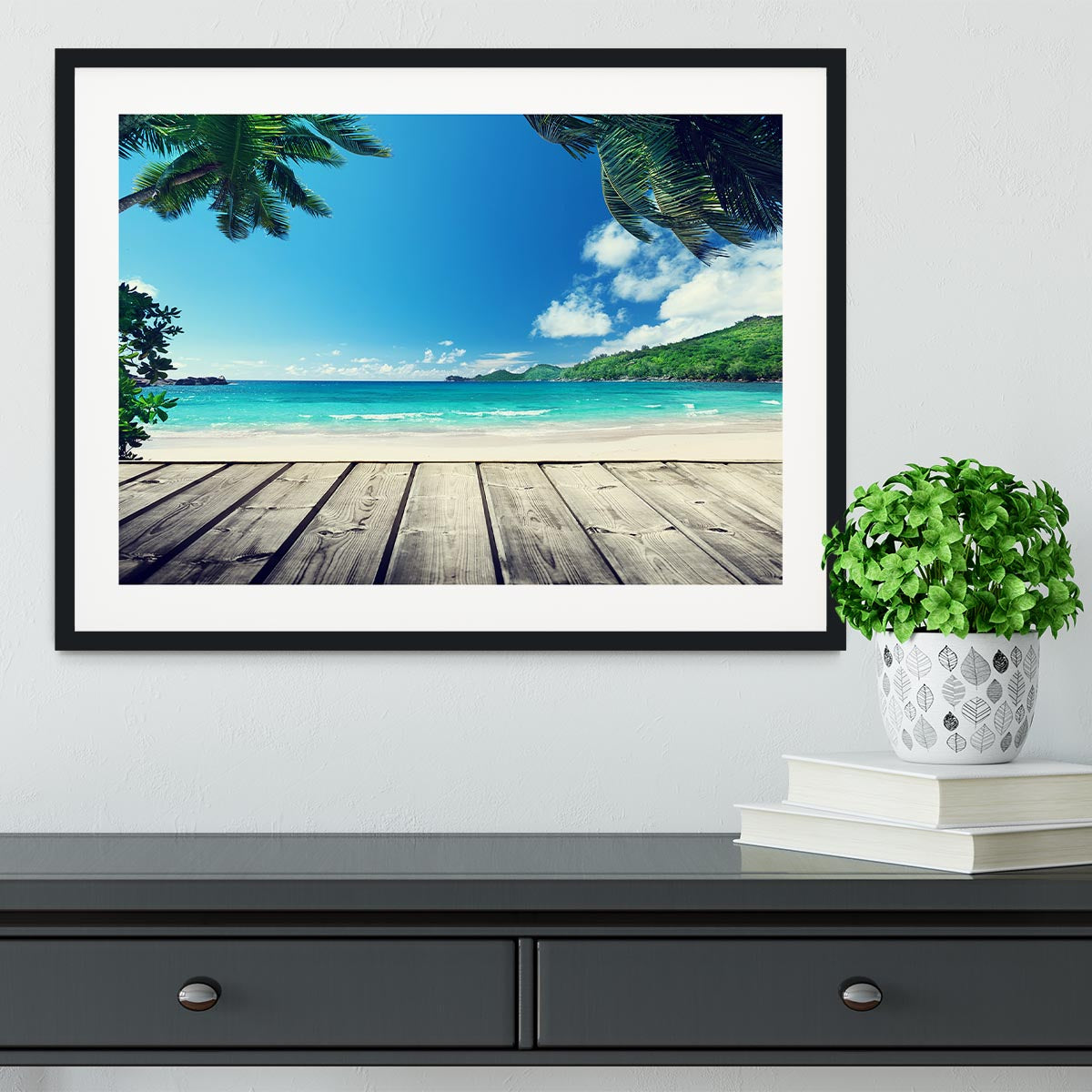 seychelles beach and wooden pier Framed Print - Canvas Art Rocks - 1