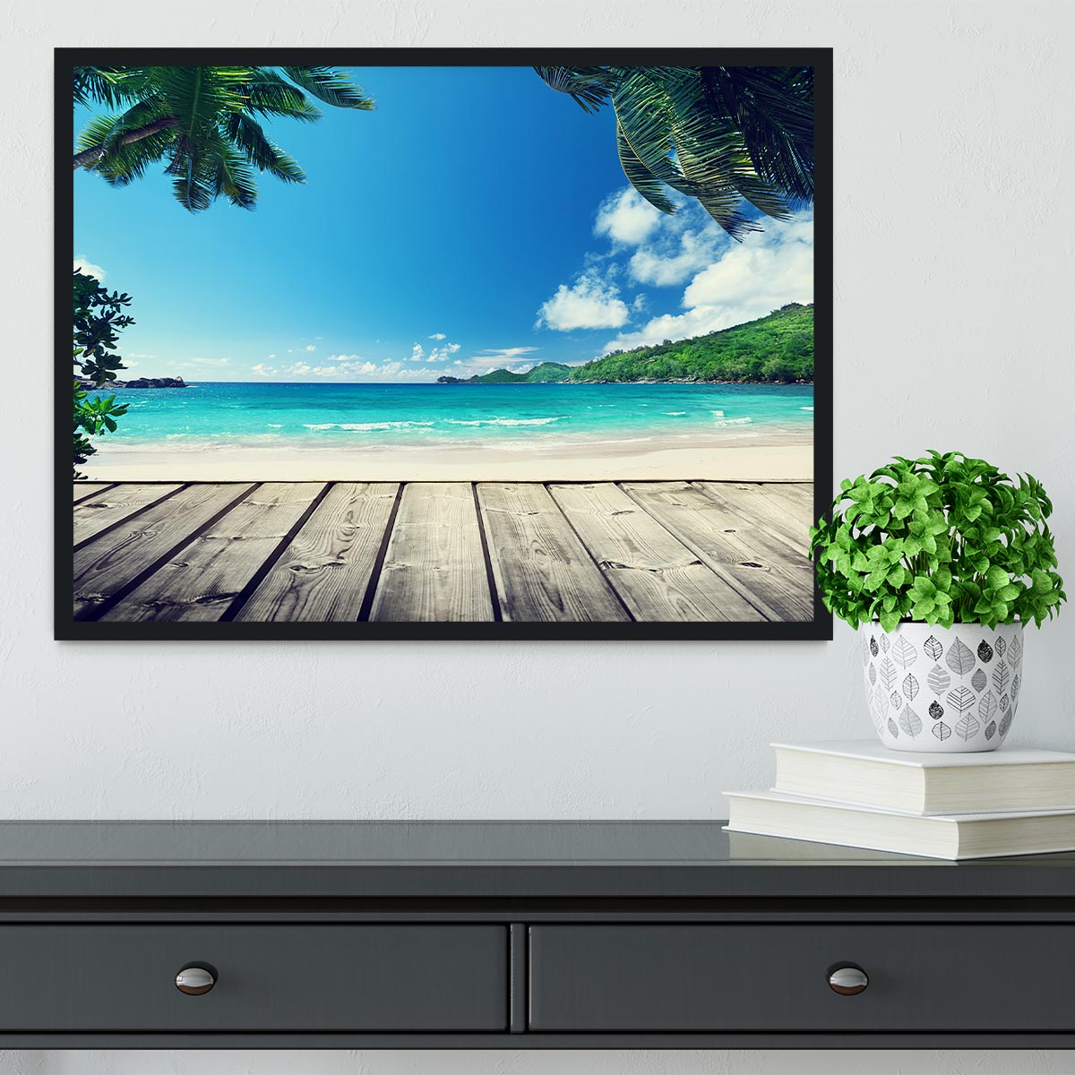 seychelles beach and wooden pier Framed Print - Canvas Art Rocks - 2