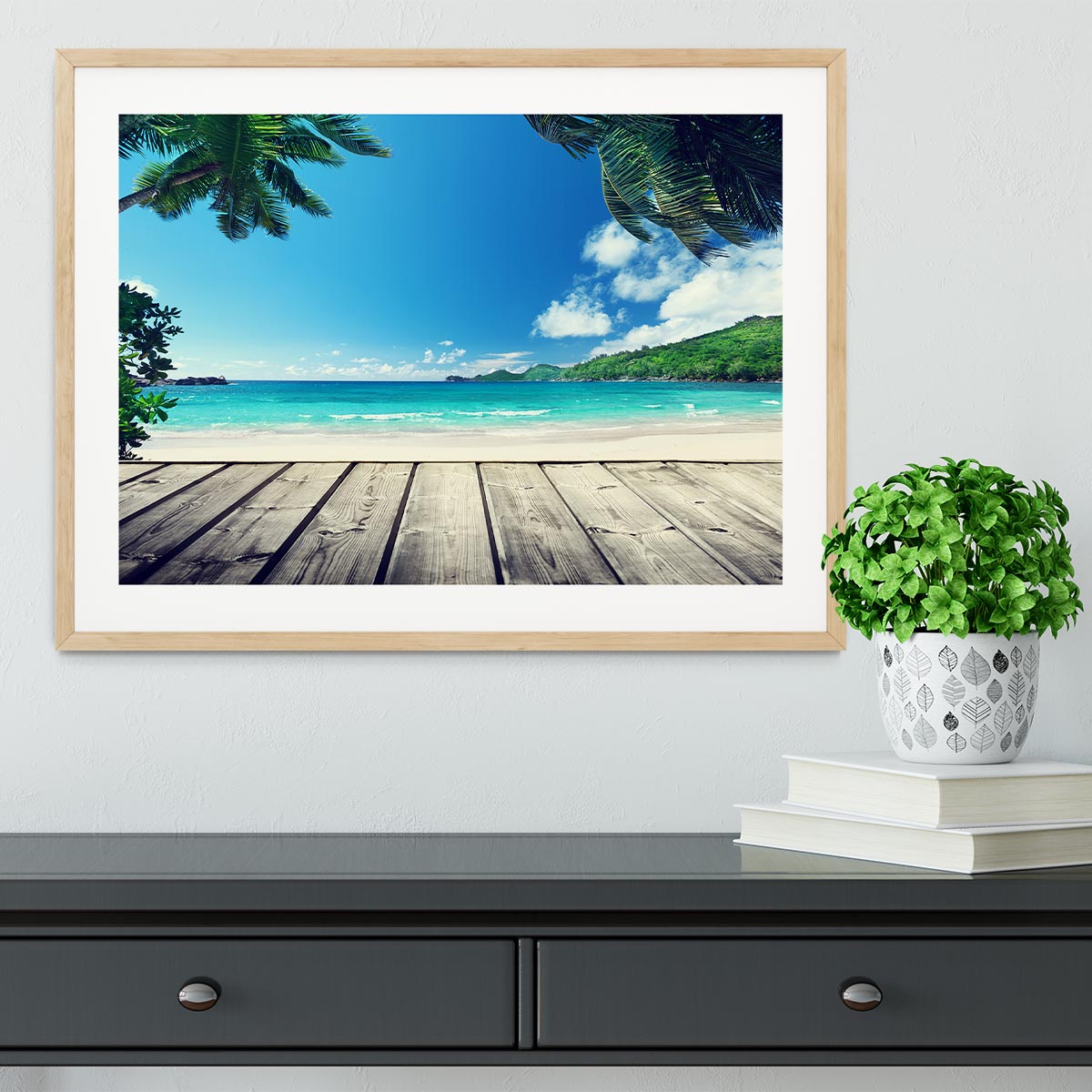 seychelles beach and wooden pier Framed Print - Canvas Art Rocks - 3