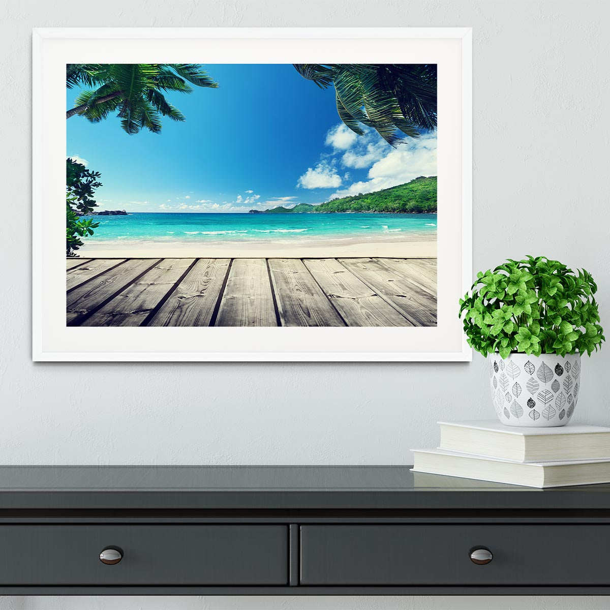 seychelles beach and wooden pier Framed Print - Canvas Art Rocks - 5