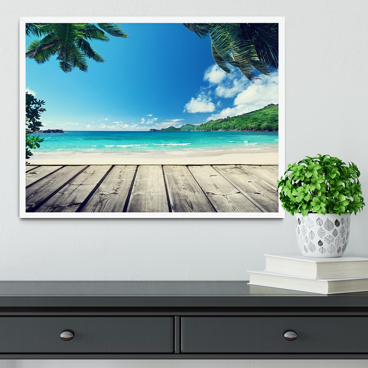 seychelles beach and wooden pier Framed Print - Canvas Art Rocks -6