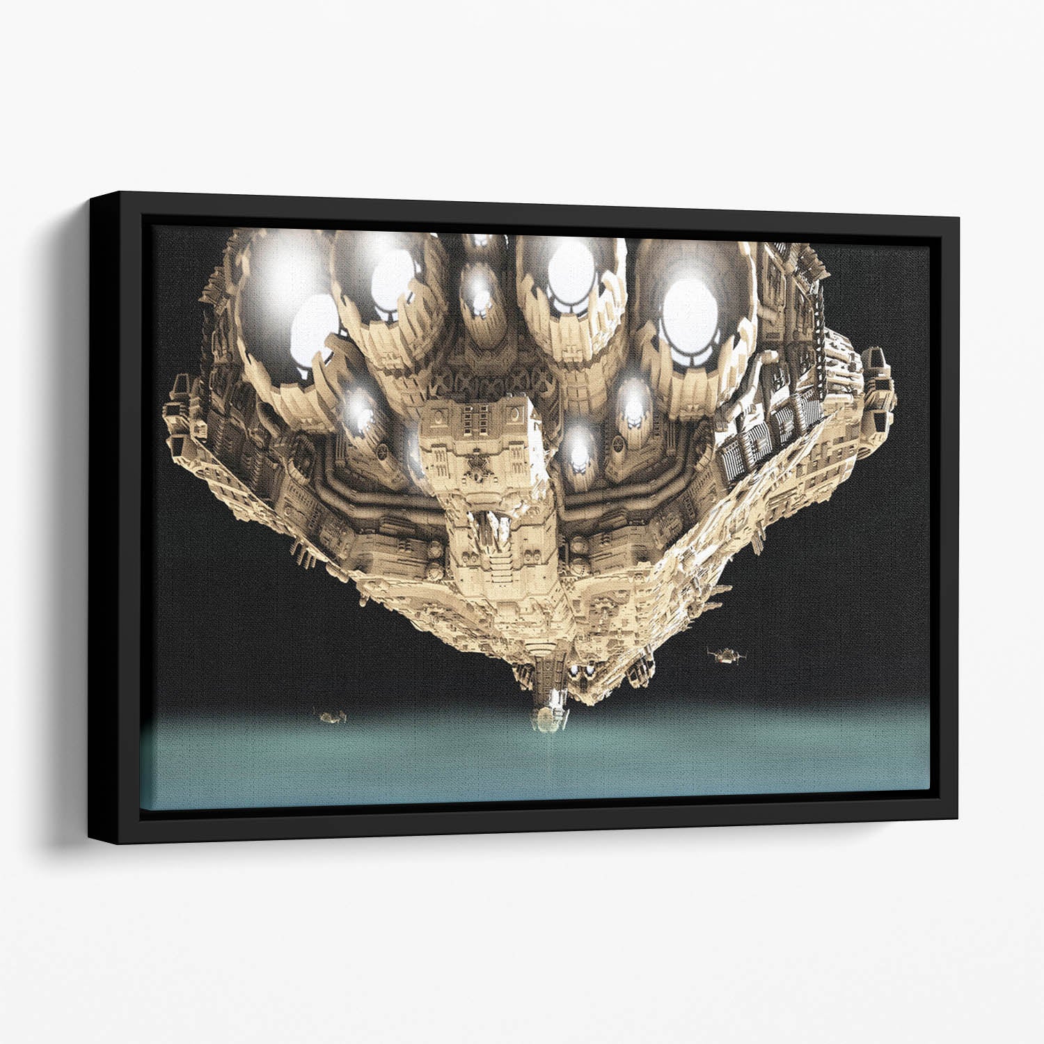 ships in low orbit over a planet Floating Framed Canvas
