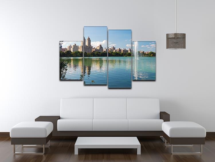 skyline with skyscrapers and trees lake reflection 4 Split Panel Canvas  - Canvas Art Rocks - 3