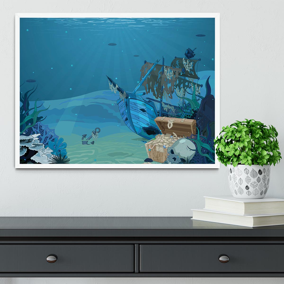 sunken sailboat on seabed background Framed Print - Canvas Art Rocks -6
