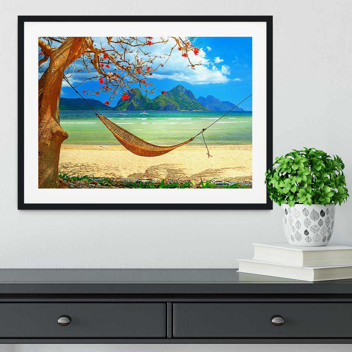 tropical beach scene with hammock Framed Print - Canvas Art Rocks - 1