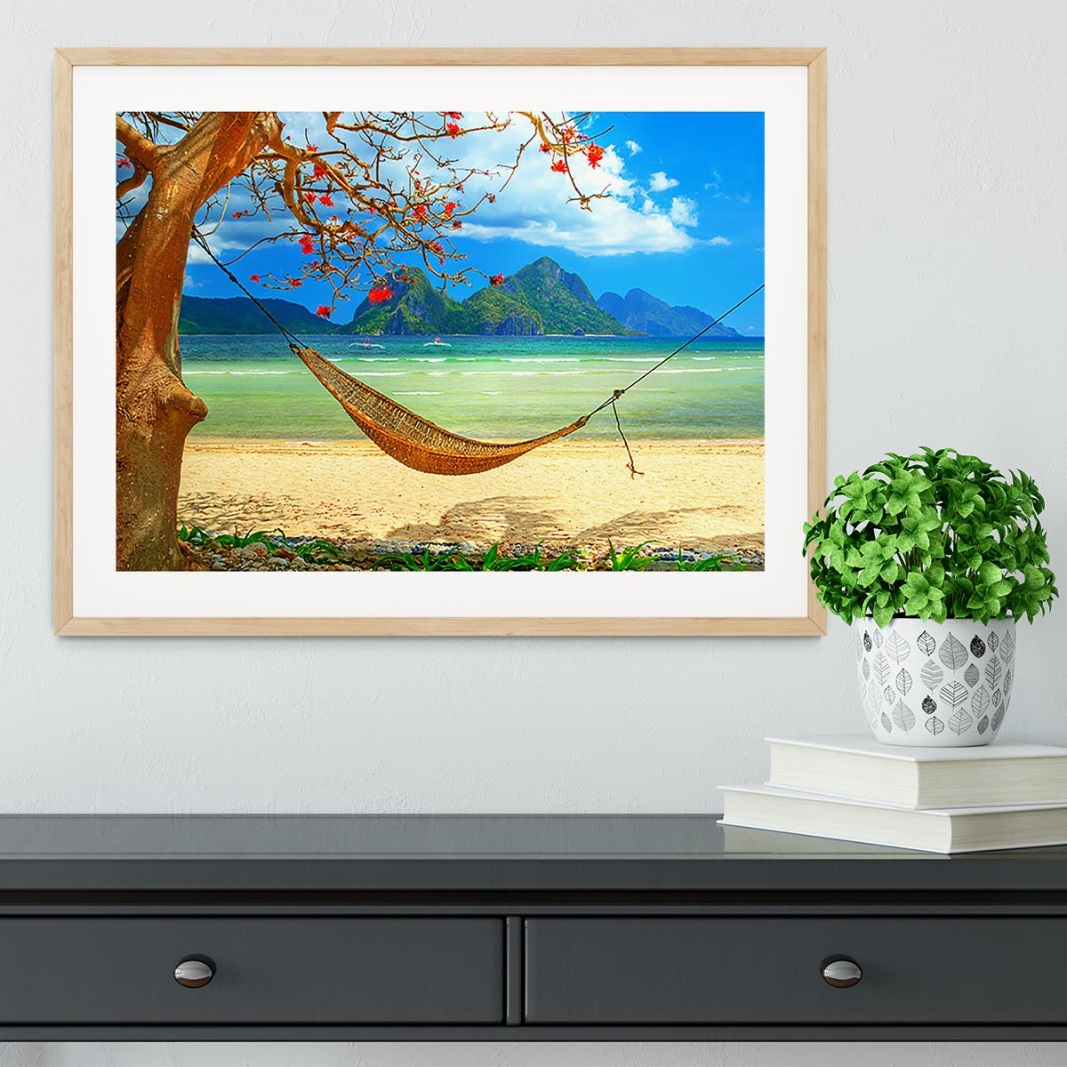 tropical beach scene with hammock Framed Print - Canvas Art Rocks - 3
