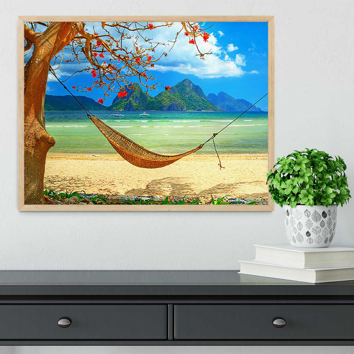 tropical beach scene with hammock Framed Print - Canvas Art Rocks - 4