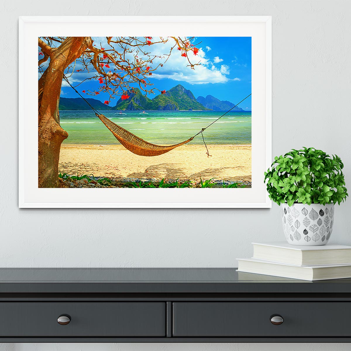tropical beach scene with hammock Framed Print - Canvas Art Rocks - 5