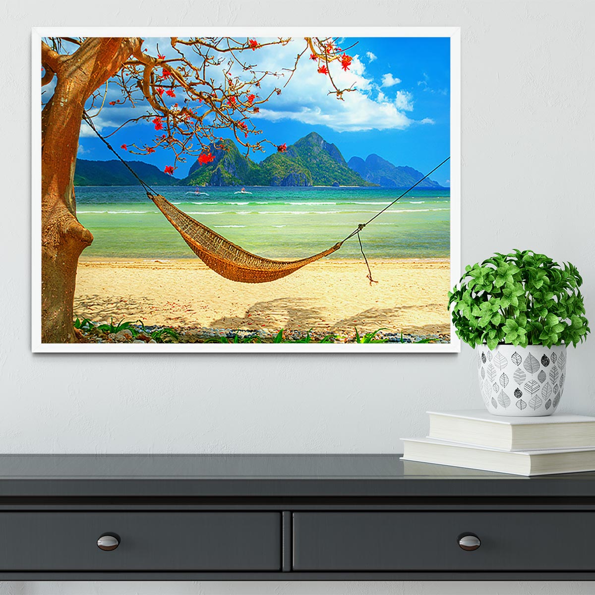 tropical beach scene with hammock Framed Print - Canvas Art Rocks -6