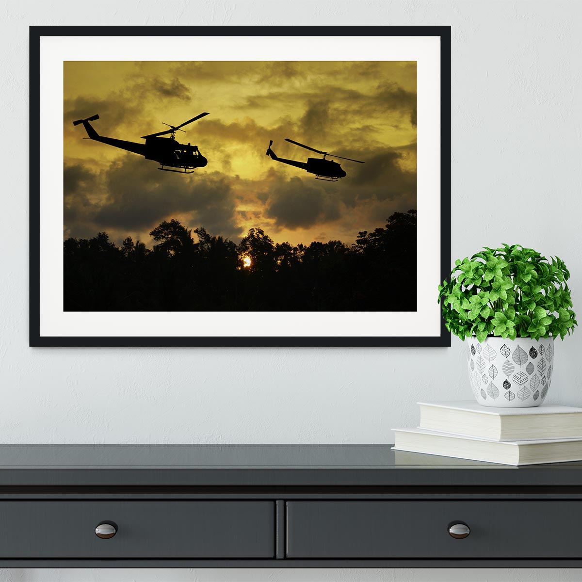 two helicopters flying over South Vietnam Framed Print - Canvas Art Rocks - 1