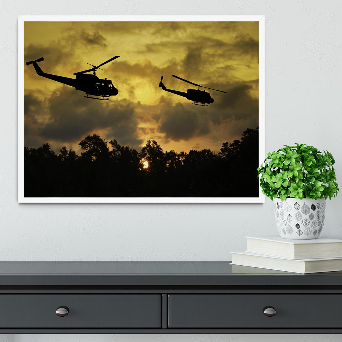 two helicopters flying over South Vietnam Framed Print - Canvas Art Rocks -6