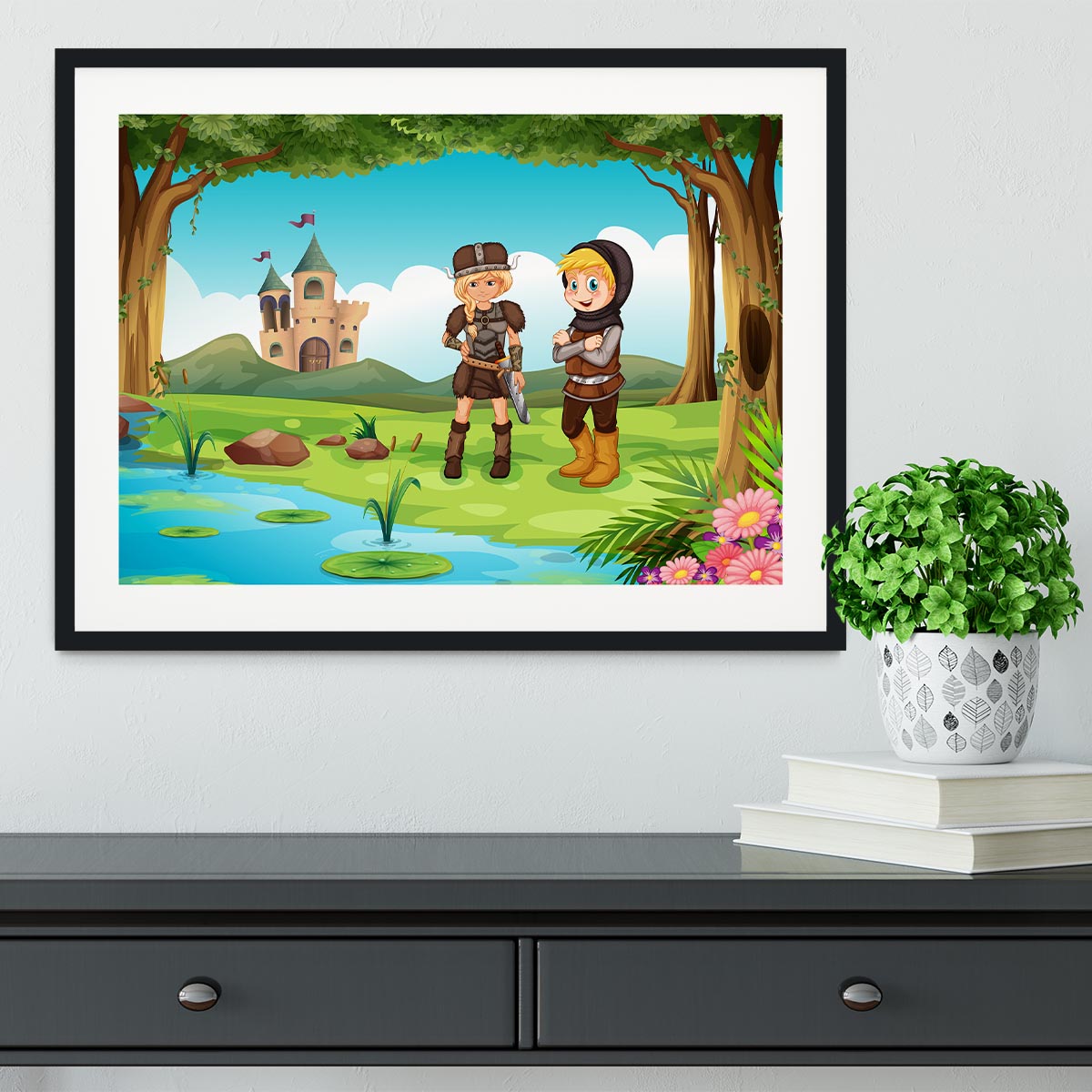 two worriors standing in forest Framed Print - Canvas Art Rocks - 1