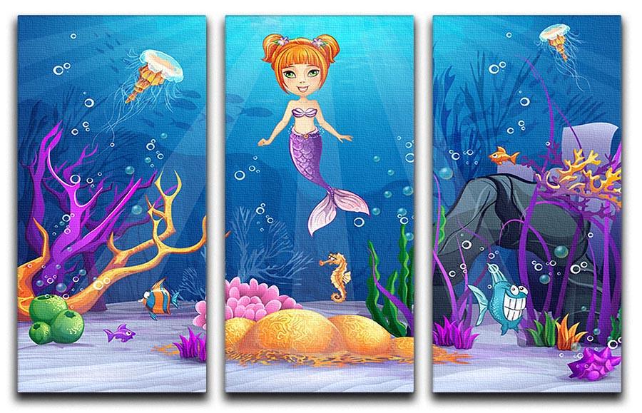 underwater world with a funny fish and a mermaid 3 Split Panel Canvas Print - Canvas Art Rocks - 1
