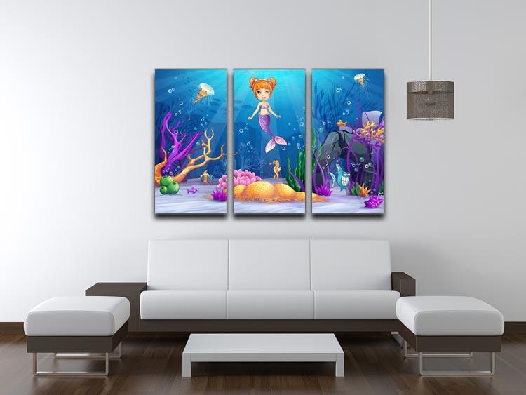 underwater world with a funny fish and a mermaid 3 Split Panel Canvas Print - Canvas Art Rocks - 3
