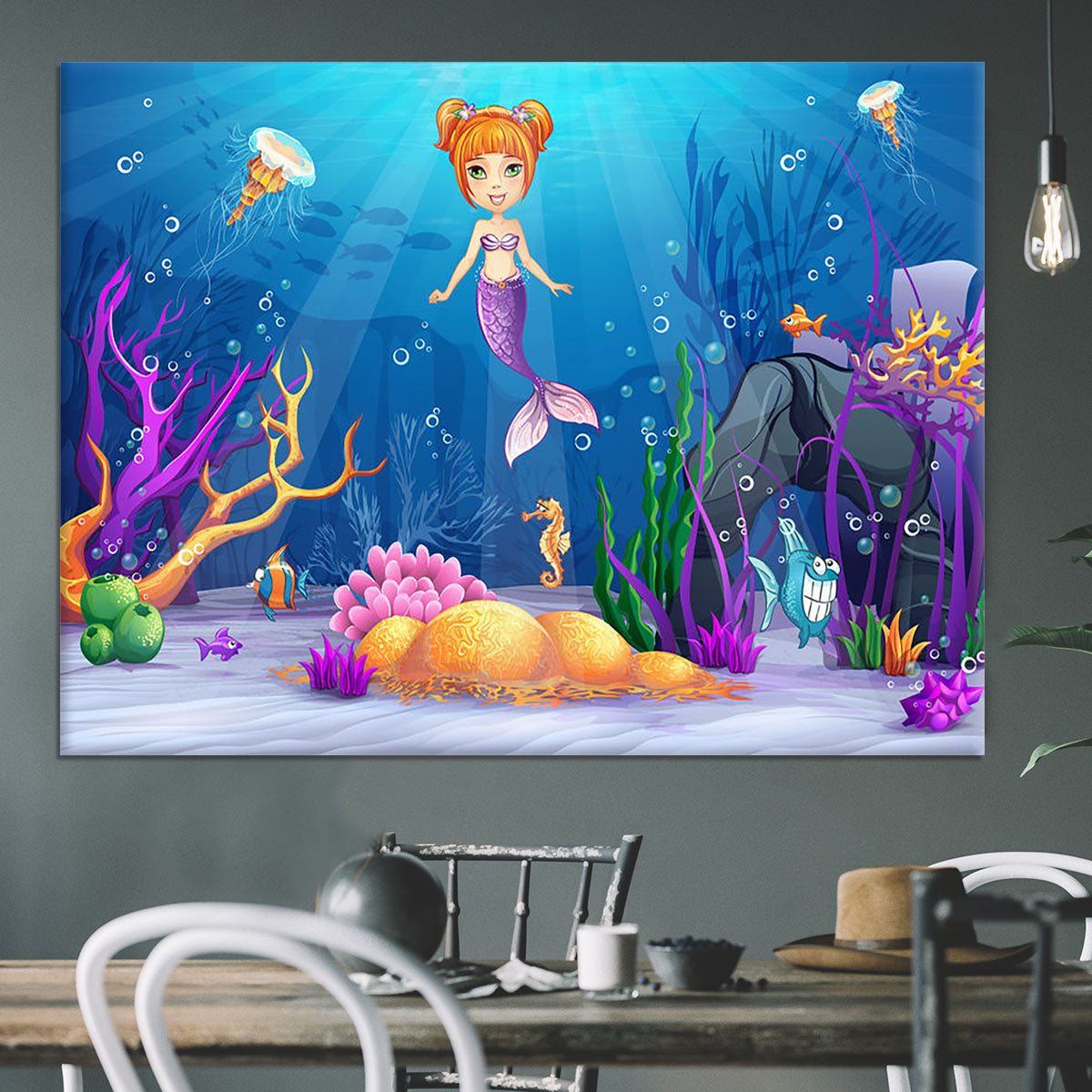 underwater world with a funny fish and a mermaid Canvas Print or Poster - Canvas Art Rocks - 3