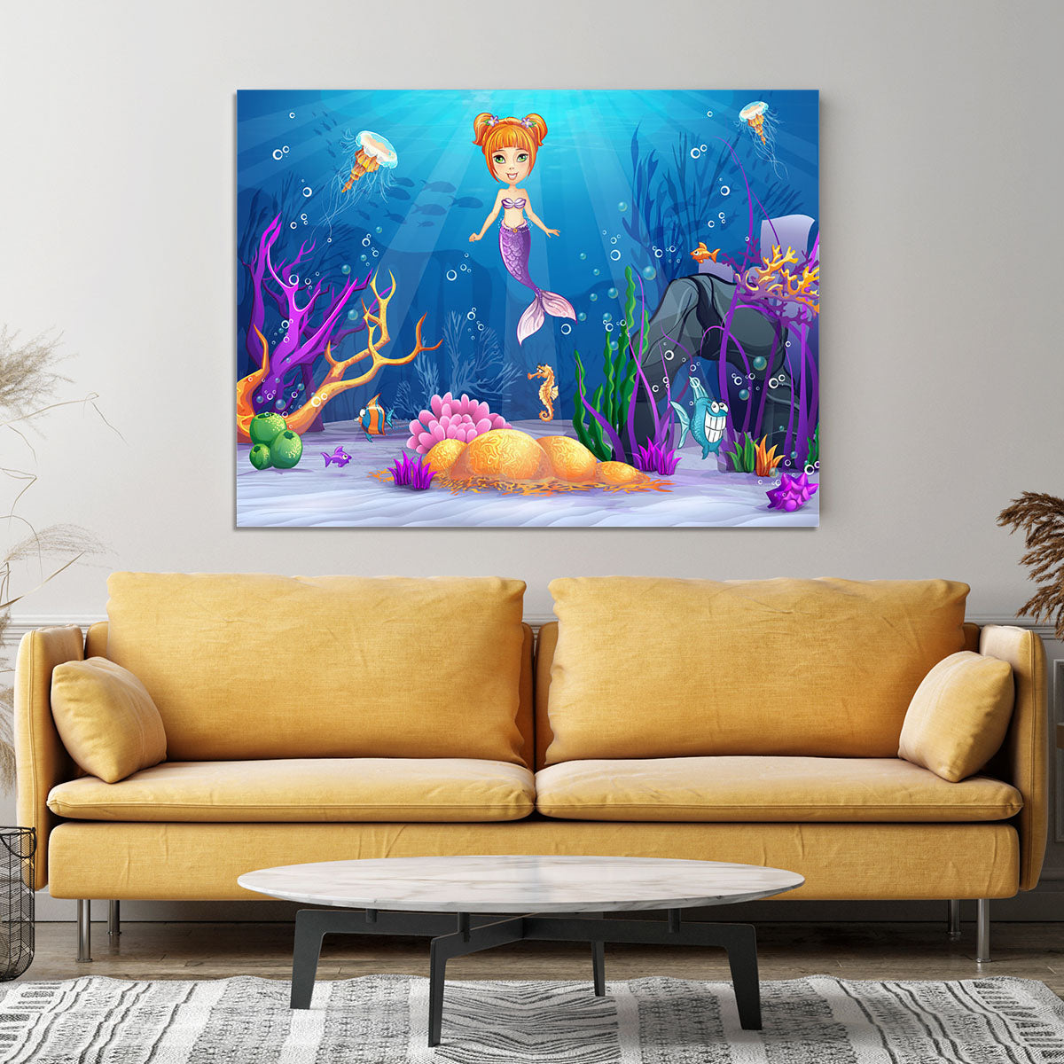 underwater world with a funny fish and a mermaid Canvas Print or Poster - Canvas Art Rocks - 4