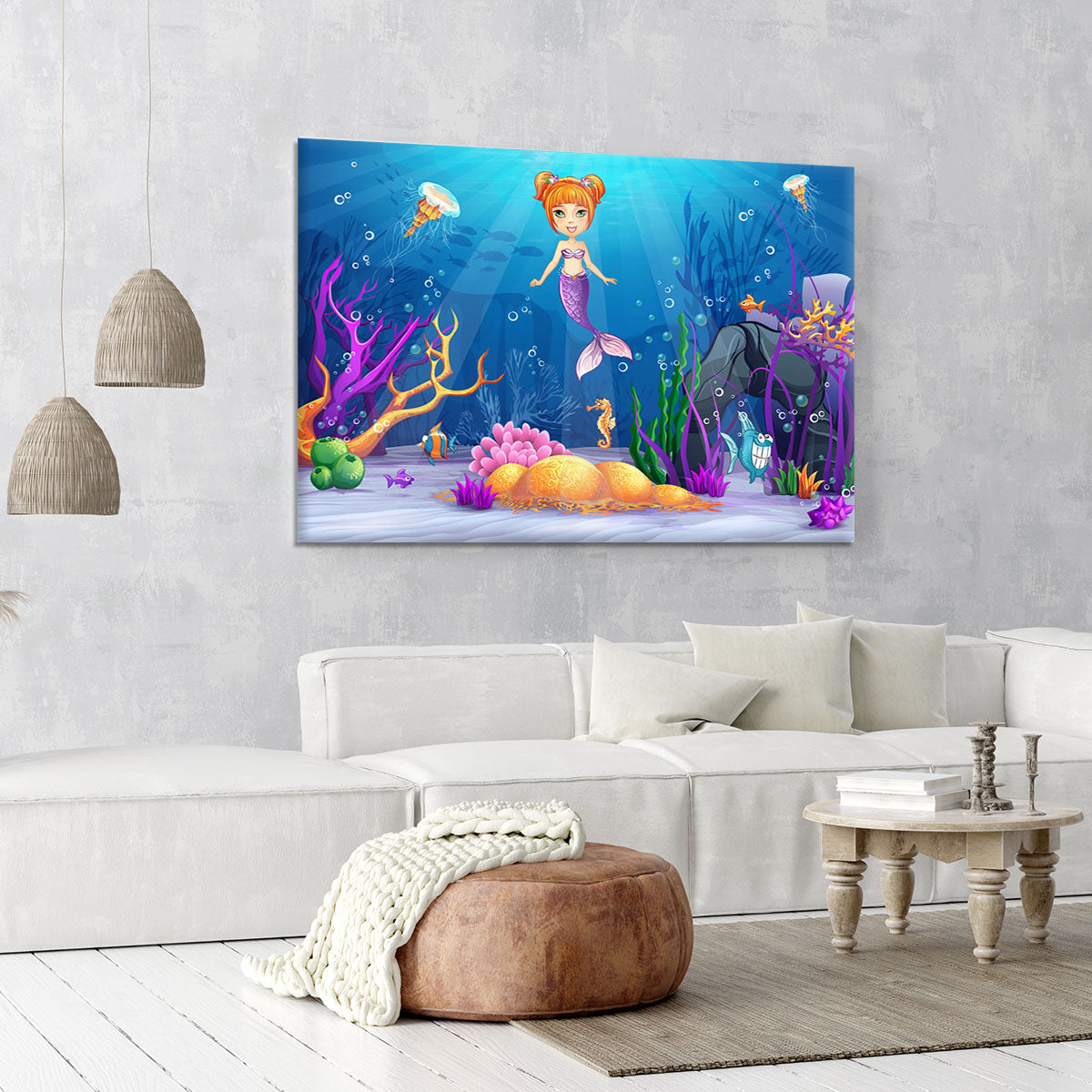 underwater world with a funny fish and a mermaid Canvas Print or Poster - Canvas Art Rocks - 6