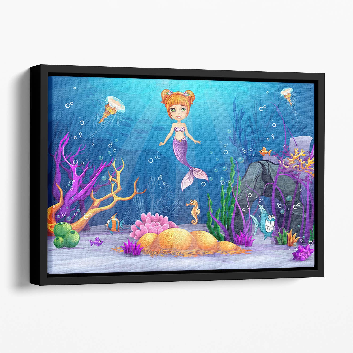 underwater world with a funny fish and a mermaid Floating Framed Canvas