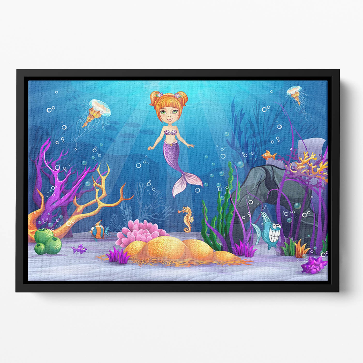 underwater world with a funny fish and a mermaid Floating Framed Canvas