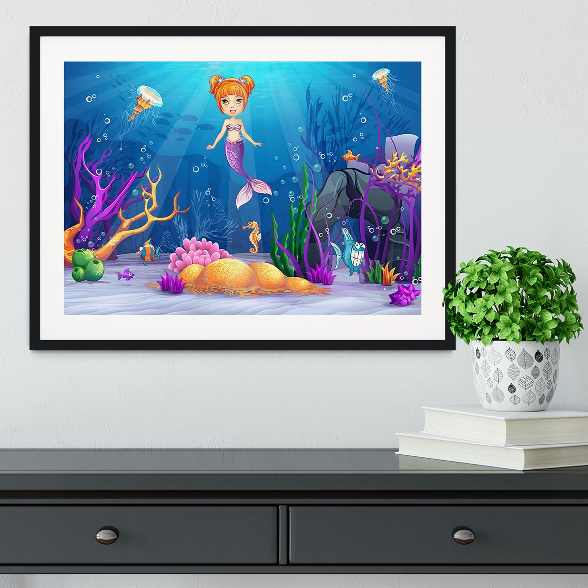 underwater world with a funny fish and a mermaid Framed Print - Canvas Art Rocks - 1