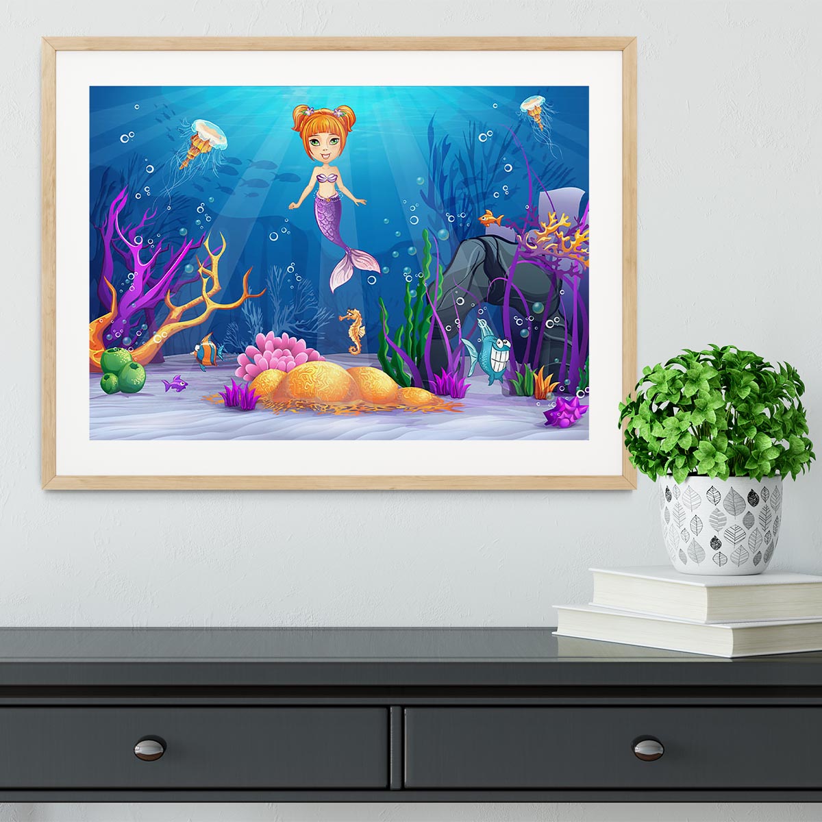 underwater world with a funny fish and a mermaid Framed Print - Canvas Art Rocks - 3