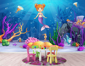 underwater world with a funny fish and a mermaid Wall Mural Wallpaper - Canvas Art Rocks - 2