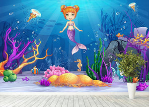 underwater world with a funny fish and a mermaid Wall Mural Wallpaper - Canvas Art Rocks - 4