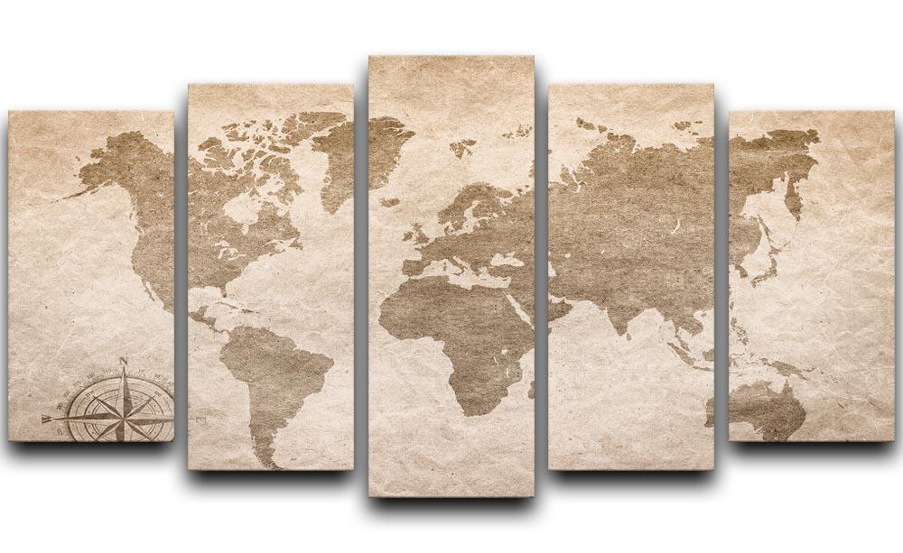vintage paper with world map 5 Split Panel Canvas  - Canvas Art Rocks - 1