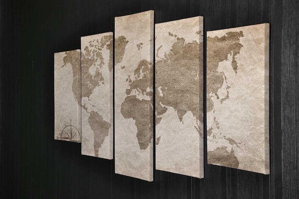 vintage paper with world map 5 Split Panel Canvas  - Canvas Art Rocks - 2