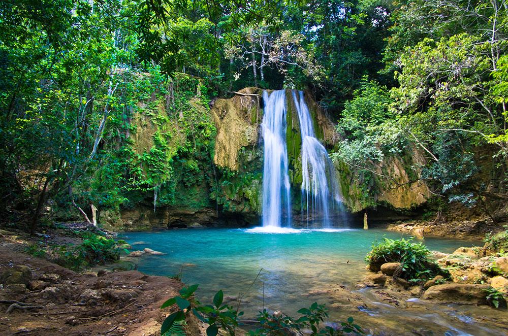waterfall in deep green forest Wall Mural Wallpaper - Canvas Art Rocks - 1